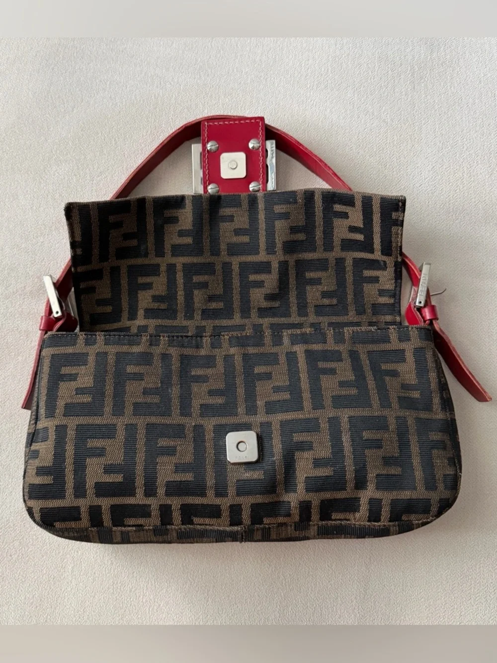 Fendi Red Leather Zucca Baguette - Picture 2 of 8